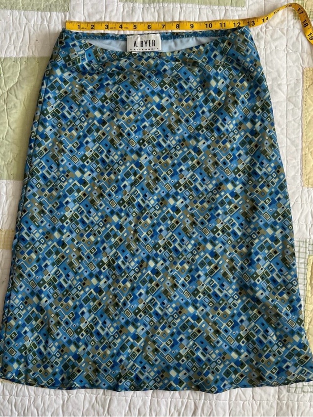 A. Byer Blue and Green Geometric A-Line Skirt